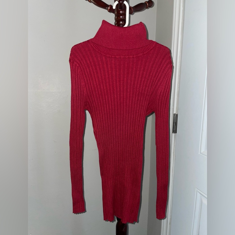 It’s Our Time Red Ribbed Turtleneck Top Stretch Fitted Long Sleeve - Picture 3 of 8